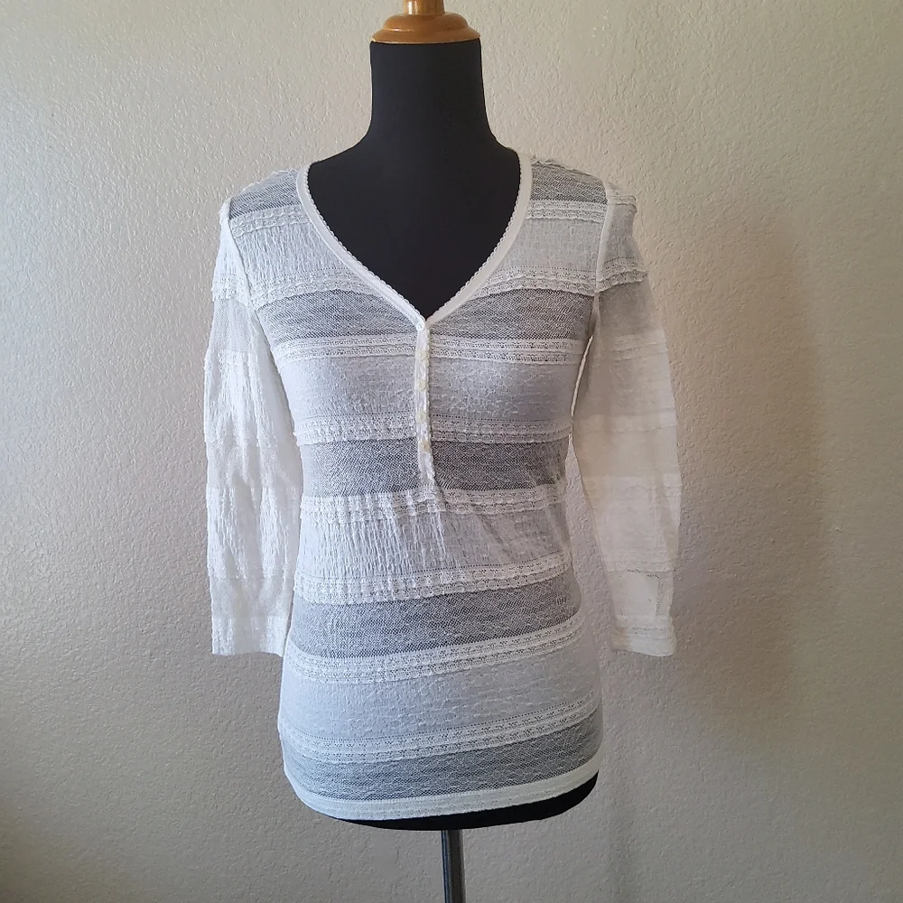 Denim & Supply Ralph Lauren Henley Lace Long Sleeve Top Size S White New